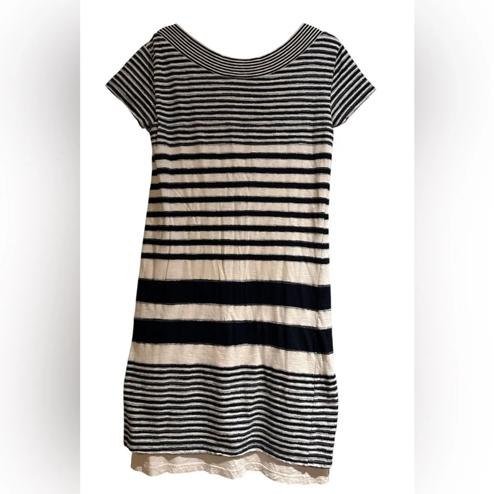 Maeve Womens White Boat Neck Short Sleeve Black/Blue Striped T-Shirt Dress S - Picture 4 of 6